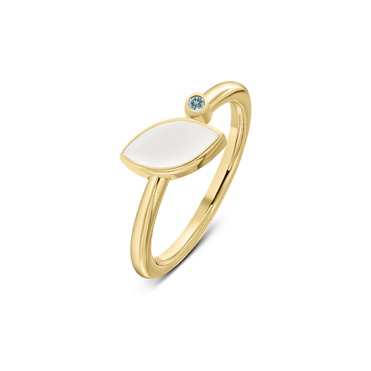 Lina breast milk ring in yellow gold with a marquise milk stone and small aquamarine birthstone (March)
