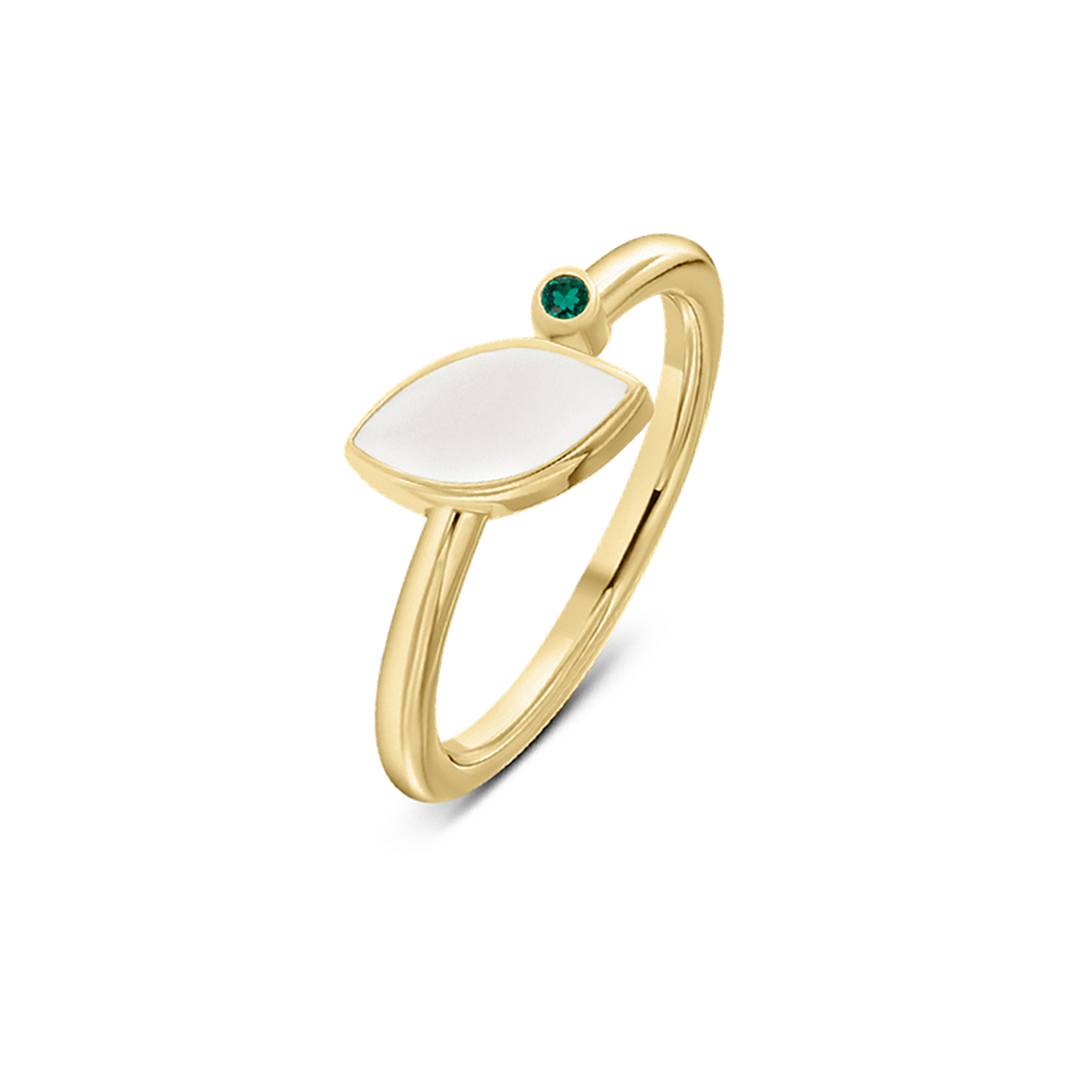 Lina breast milk ring in yellow gold with a marquise milk stone and small emerald birthstone (May)