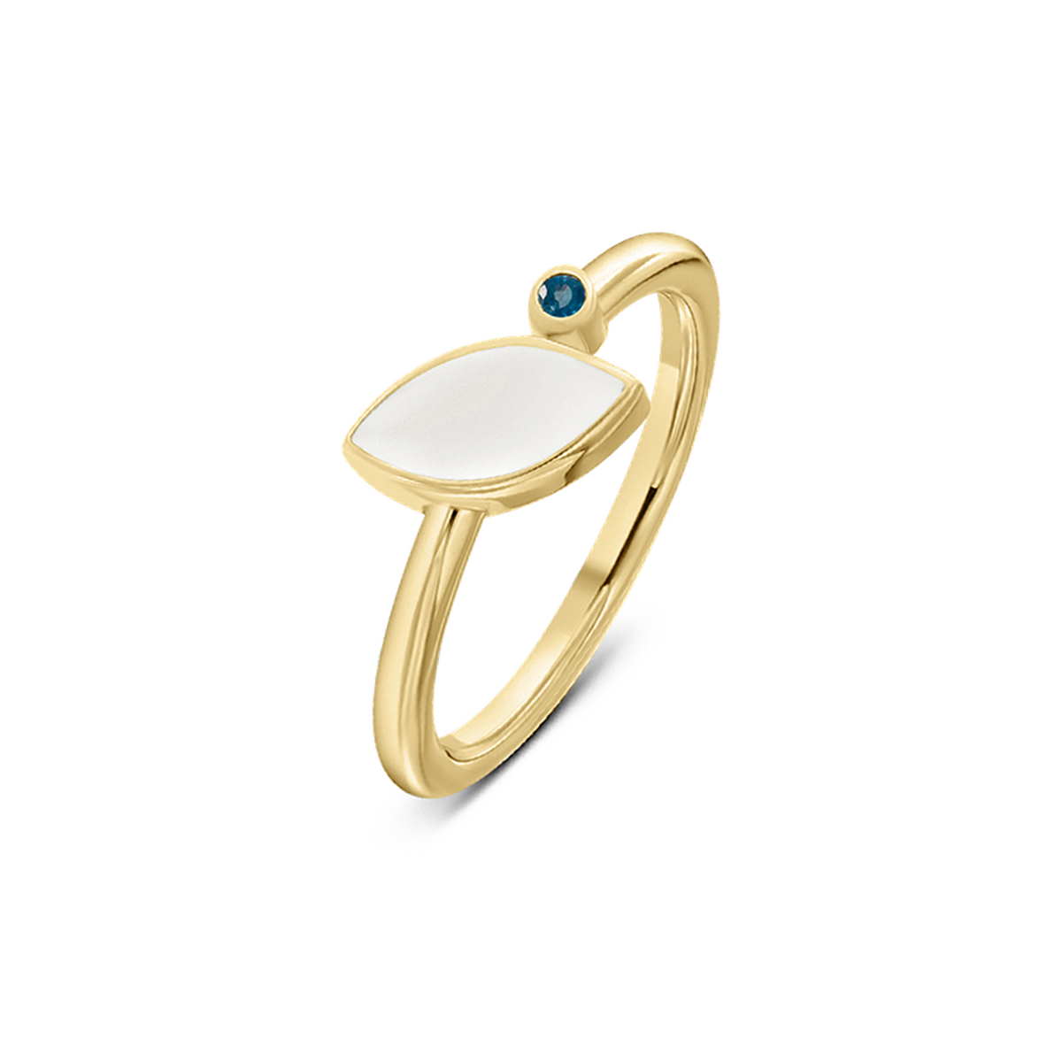 Lina breast milk ring in yellow gold with a marquise milk stone and small sapphire birthstone (September)