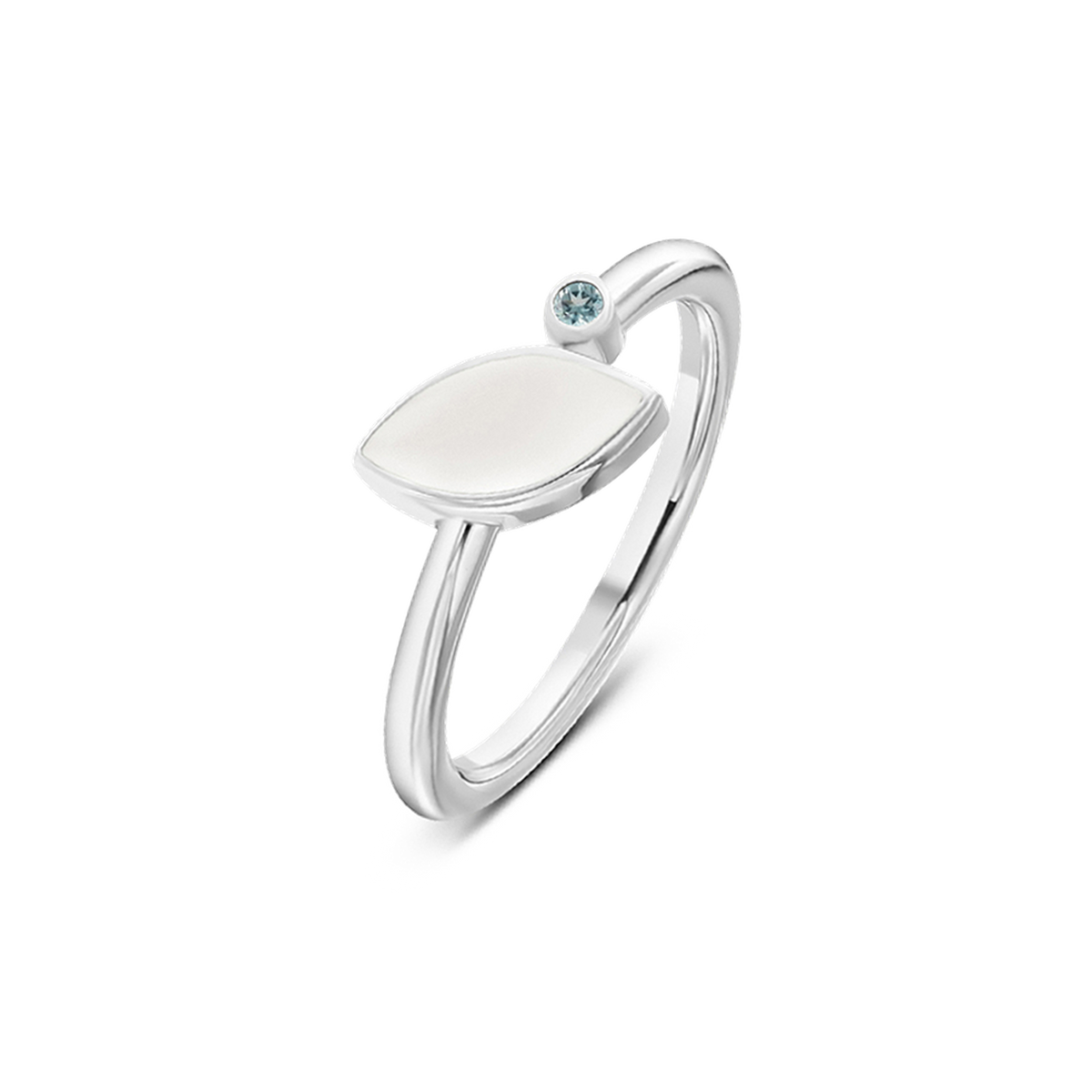 Lina breast milk ring in white gold with a marquise milk stone and small aquamarine birthstone (March)