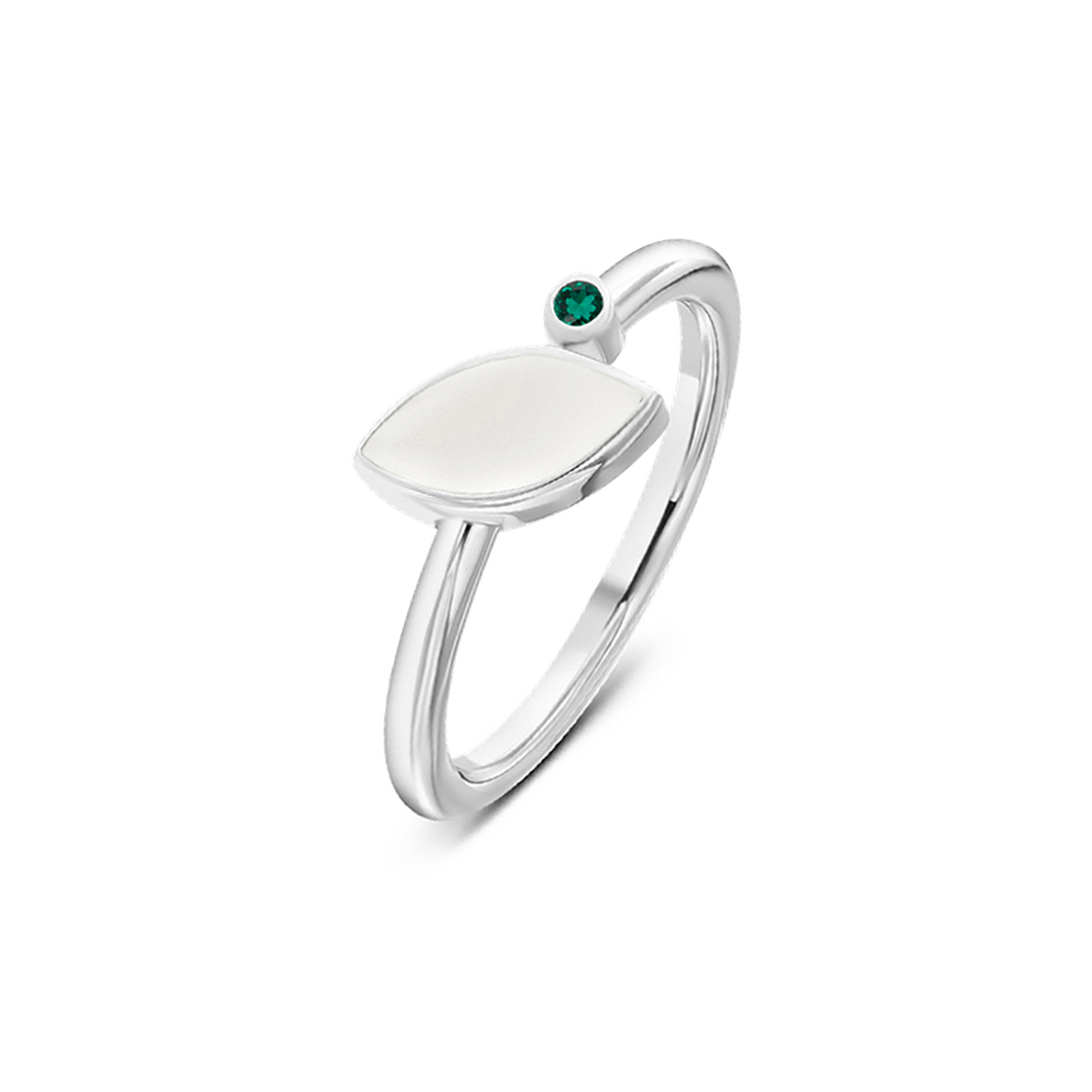 Lina breast milk ring in white gold with a marquise milk stone and small emerald birthstone (May)