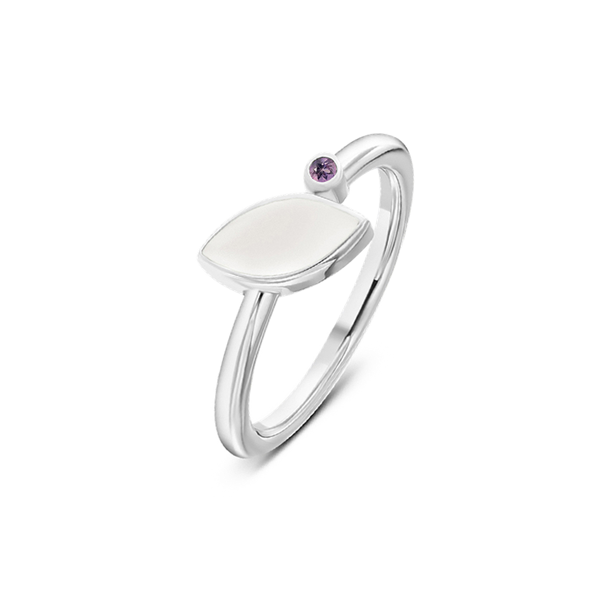 Lina breast milk ring in white gold with a marquise milk stone and small amethyst birthstone (June)