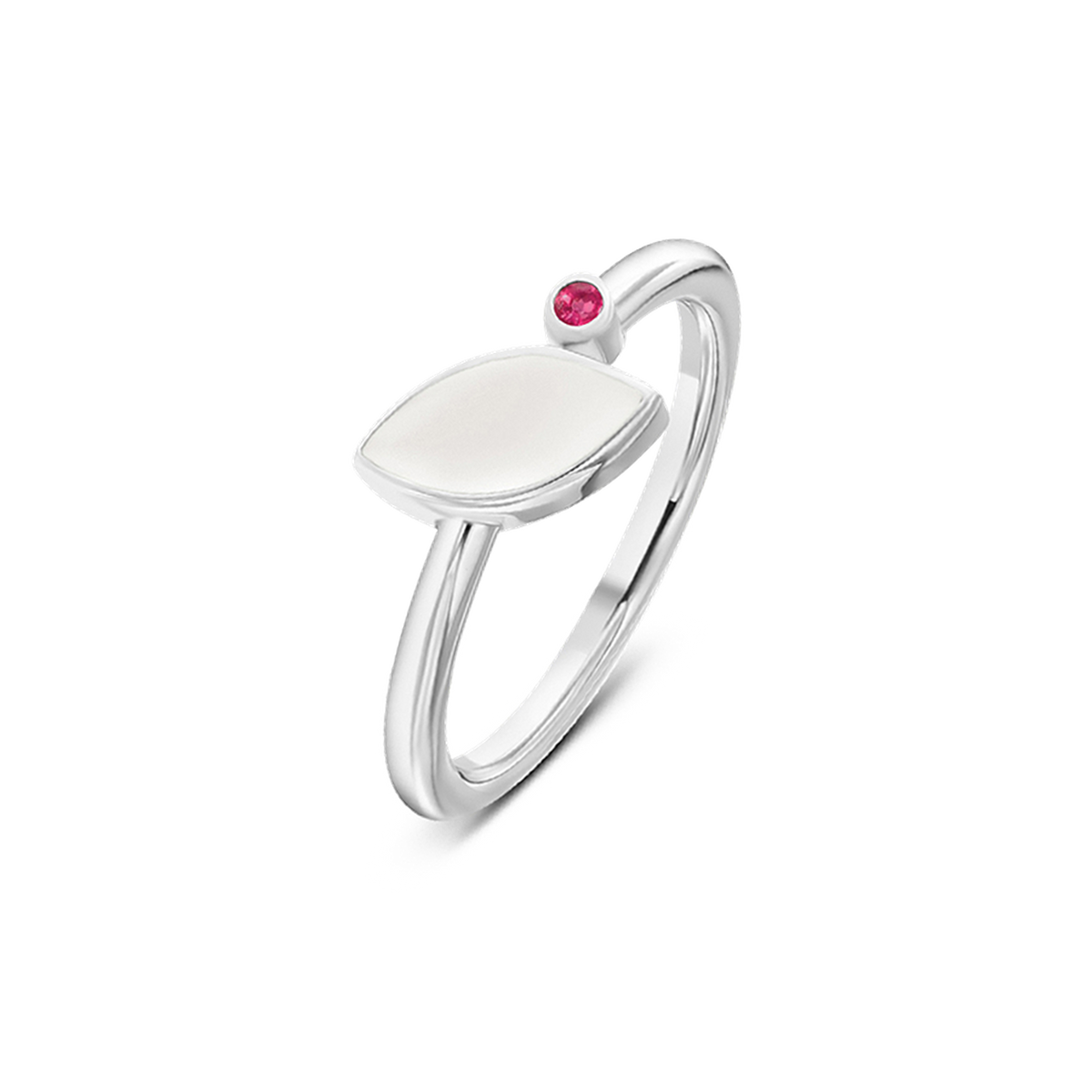 Lina breast milk ring in white gold with a marquise milk stone and small ruby birthstone (July)