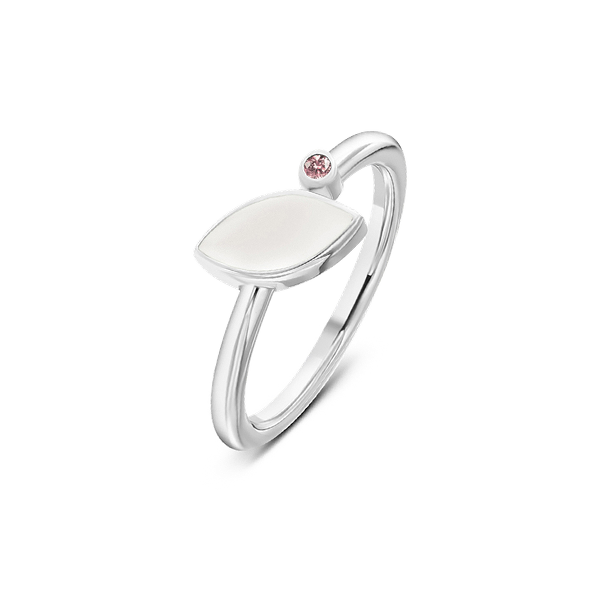 Lina breast milk ring in white gold with a marquise milk stone and small morganite birthstone (October)