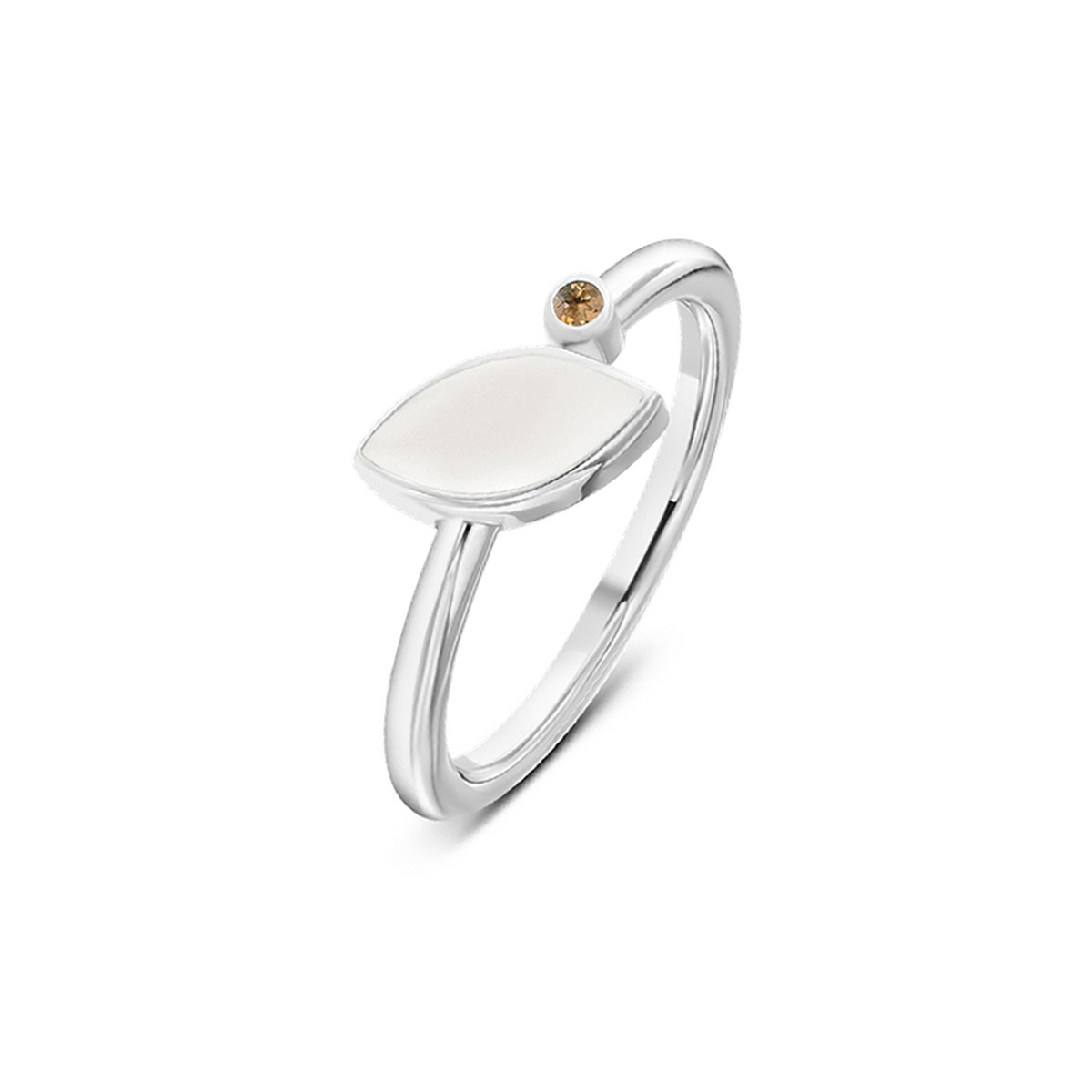 Lina breast milk ring in white gold with a marquise milk stone and small citrine birthstone (November)