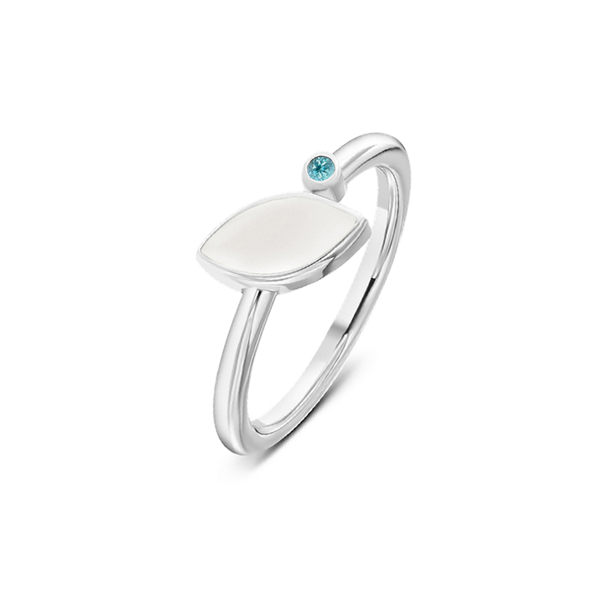 Lina breast milk ring in white gold with a marquise milk stone and small blue topaz birthstone (December)
