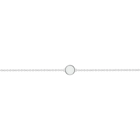 Lis silver breast milk bracelet with flat round milk stone in a thin bezel on a fine chain