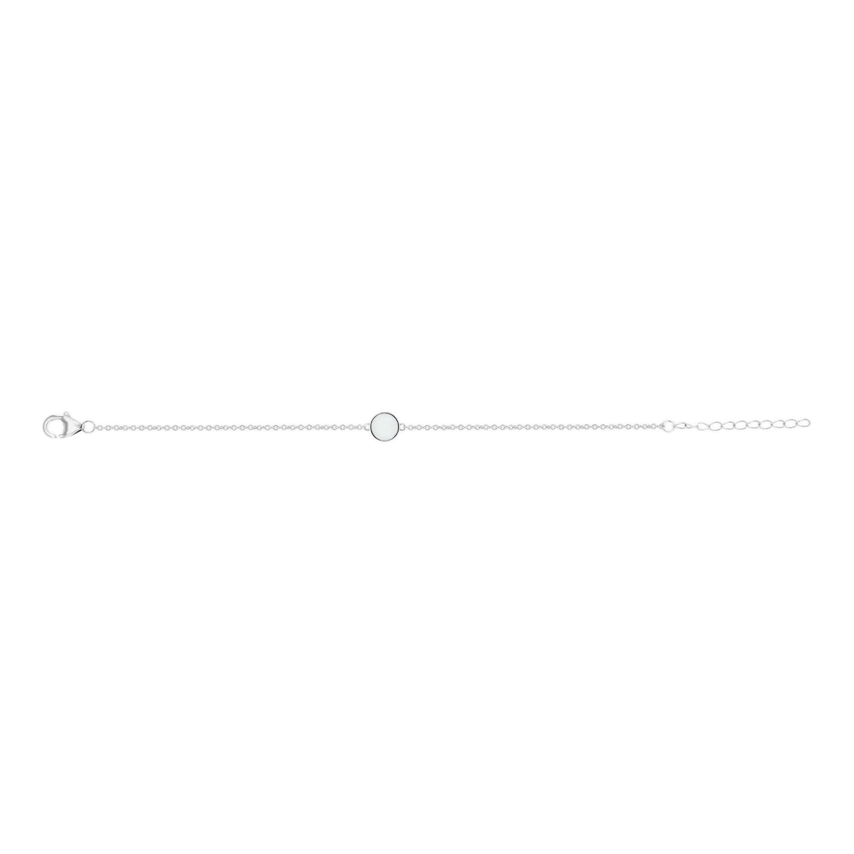 Full silver Lis breast milk bracelet laid flat with round milk stone, lobster clasp and extension chain