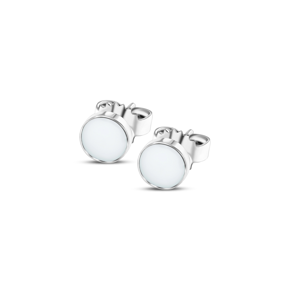 Pair of Lis silver round stud earrings, each with a flat breast milk stone in a thin rim