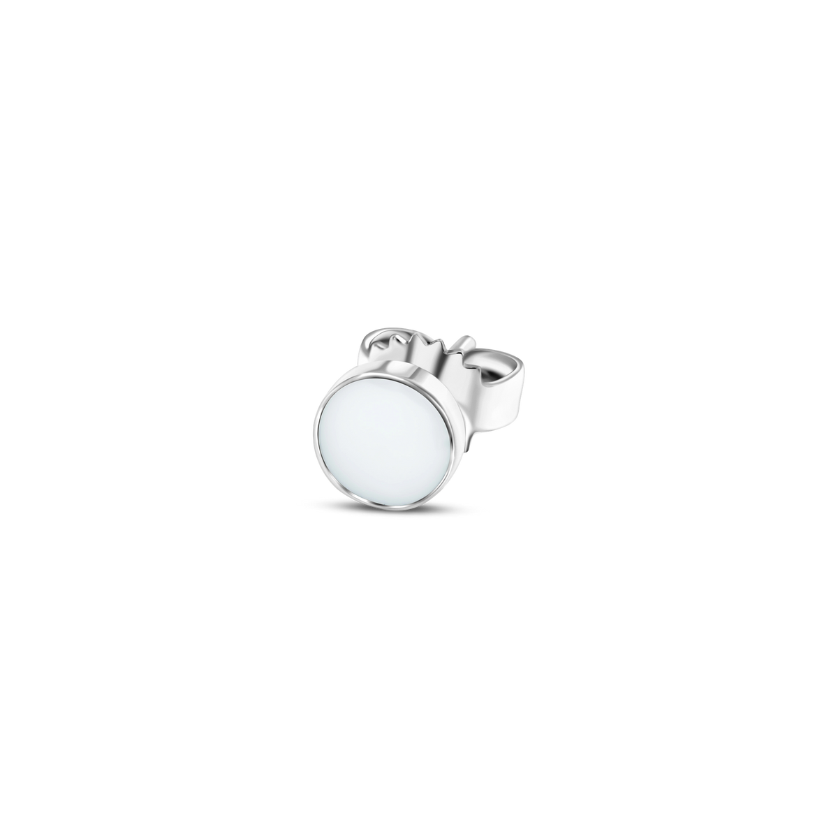 One Lis silver round stud earring showing the flat breast milk stone and butterfly back