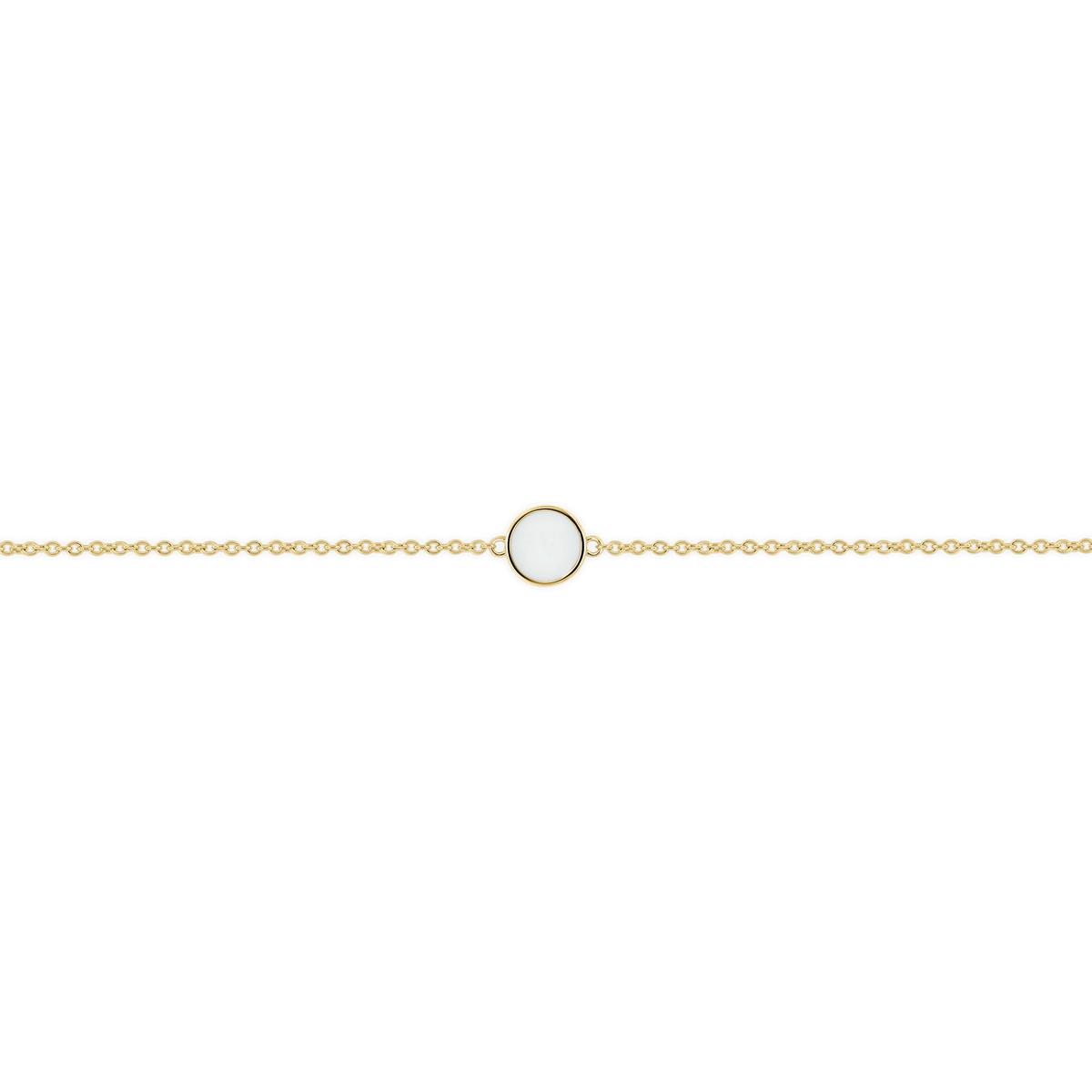 Lis yellow gold breast milk bracelet with flat round milk stone in a thin bezel on a fine chain