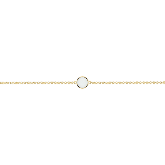 Lis yellow gold breast milk bracelet with flat round milk stone in a thin bezel on a fine chain