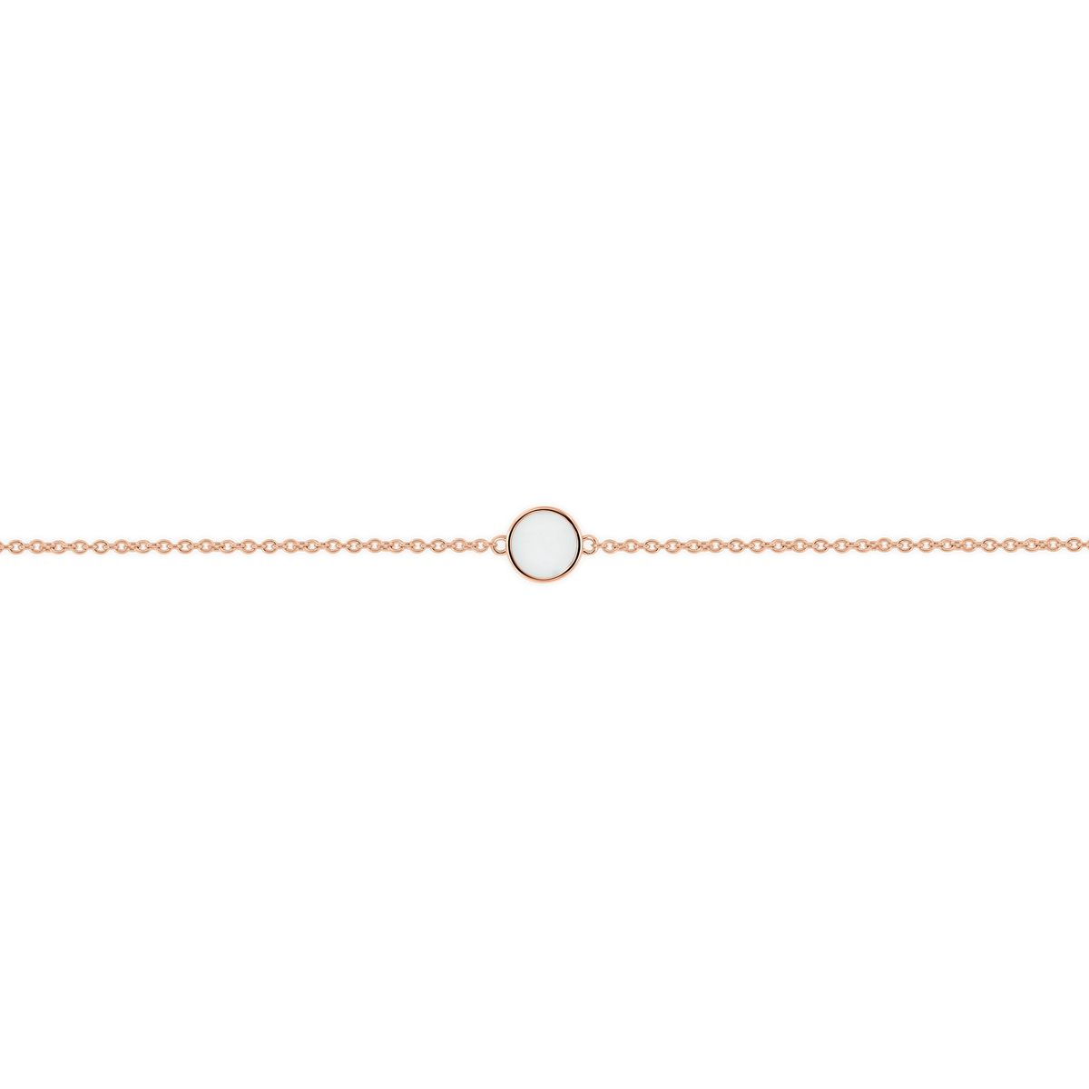 Lis rose gold breast milk bracelet with flat round milk stone in a thin bezel on a fine chain