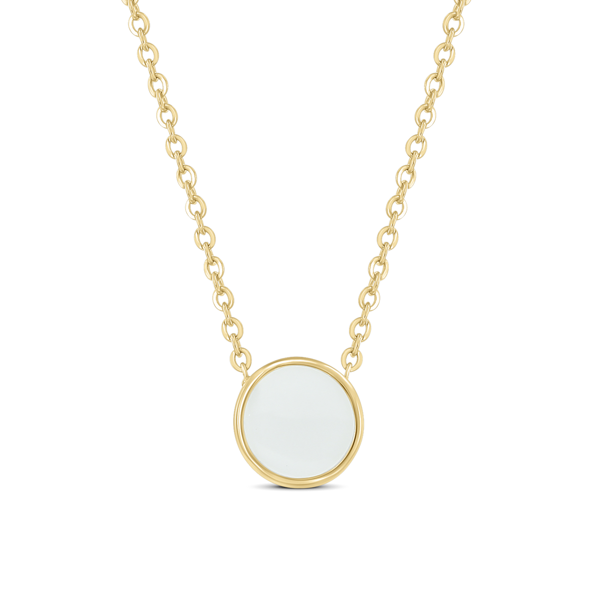 Lis yellow gold necklace with a round breast milk stone in a smooth rim fixed to the chain