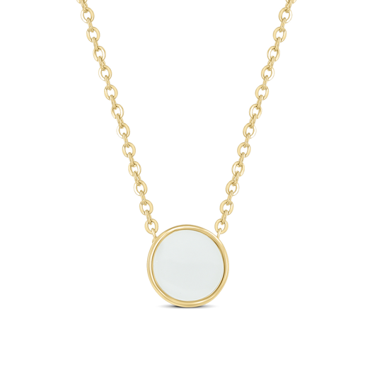 Lis yellow gold necklace with a round breast milk stone in a smooth rim fixed to the chain