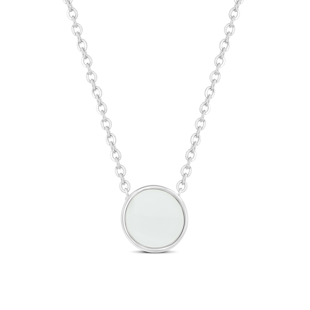 Lis white gold necklace, round breast milk stone in a plain bezel on a cable chain
