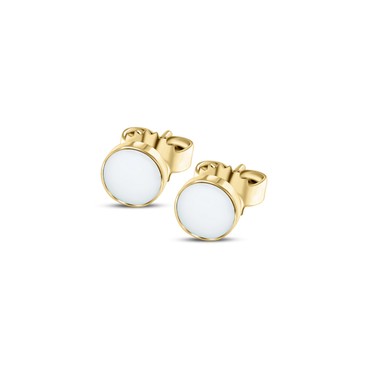 Lis yellow gold round stud earrings with a flat breast milk stone in a thin bezel