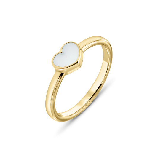 Lisa breast milk ring in yellow gold with a flat heart-shaped stone in a thin bezel