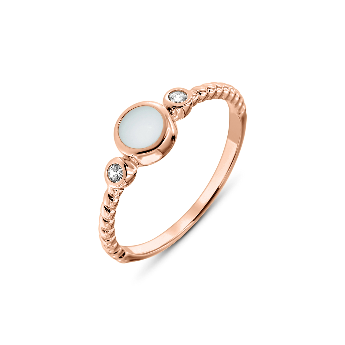 Lot breast milk ring in rose gold with a round stone between two small clear stones, twisted band