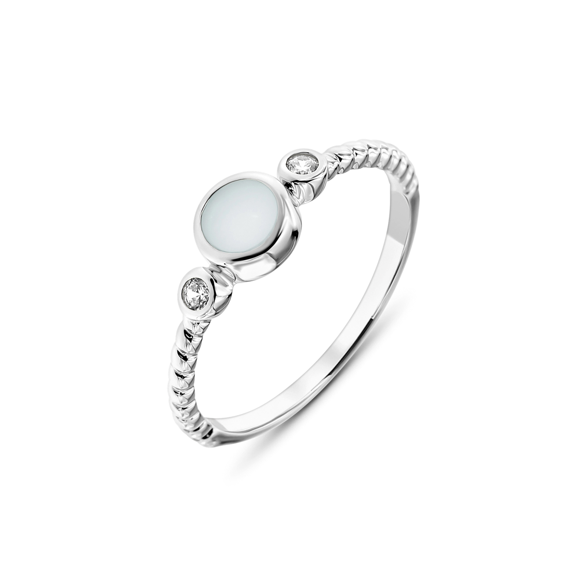 Lot breast milk ring in white gold with a round stone between two small clear stones, twisted band