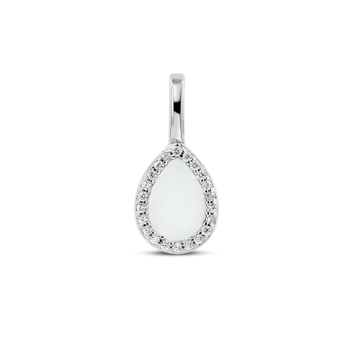Lotte breast milk drop pendant in silver with a halo of small clear stones
