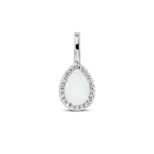 Lotte breast milk drop pendant in silver with a halo of small clear stones
