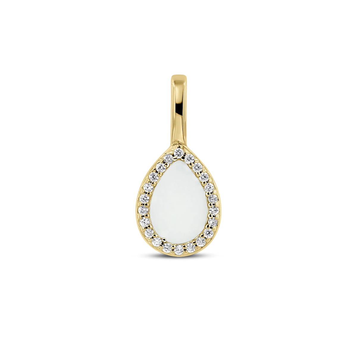 Lotte breast milk drop pendant in yellow gold with a halo of small clear stones