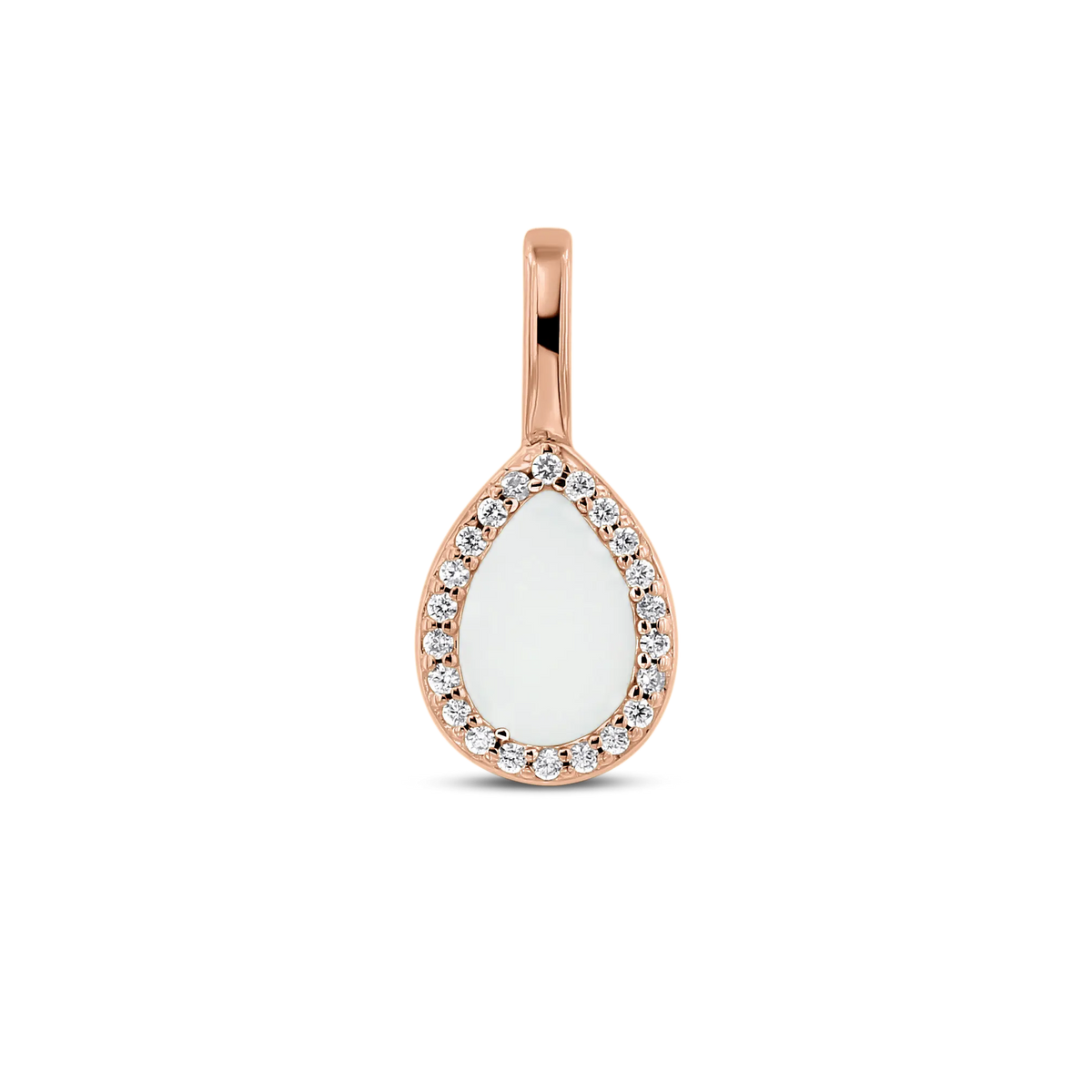 Lotte breast milk drop pendant in rose gold with a halo of small clear stones