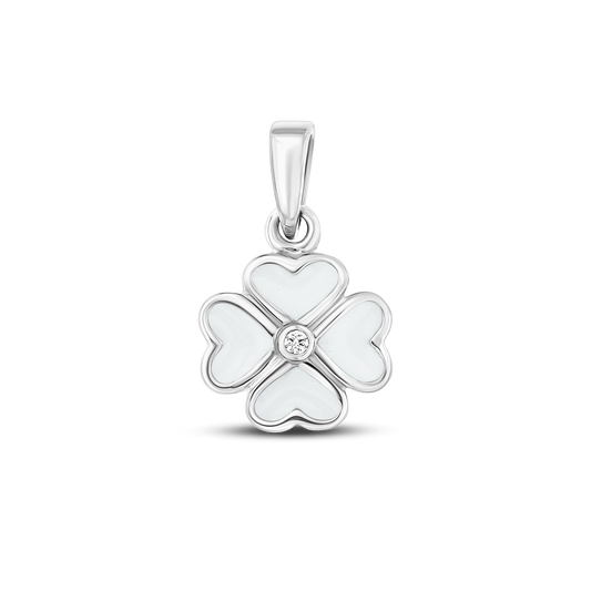 Lucy breast milk clover pendant of four hearts in silver with a clear cubic zirconia in the center