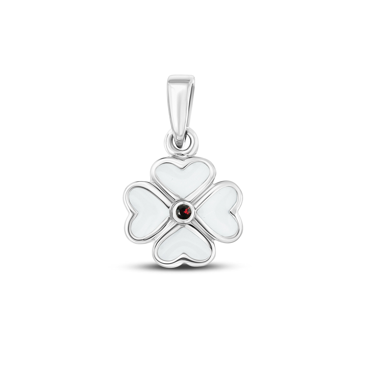 Lucy breast milk clover pendant of four hearts in silver with a garnet January birthstone in the center
