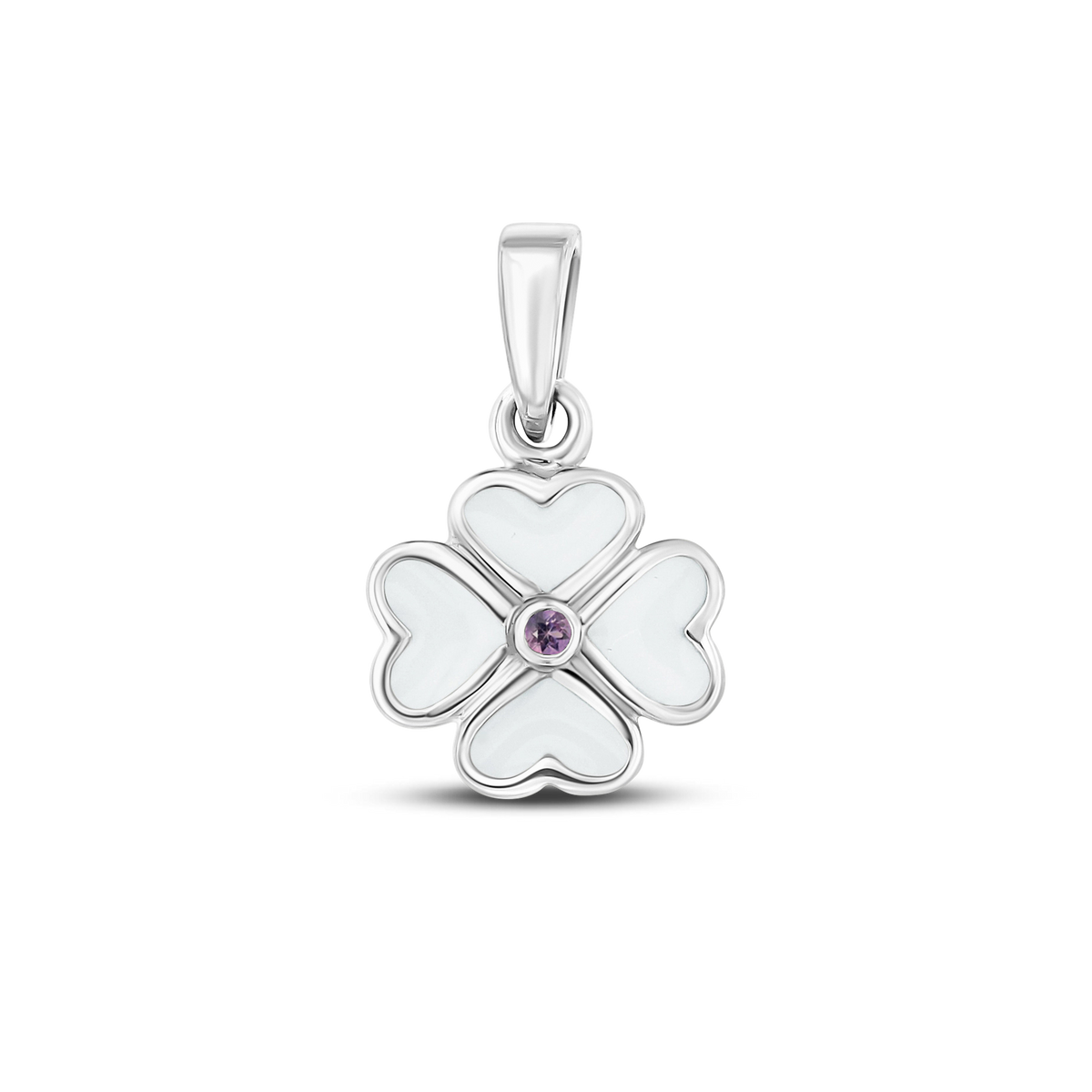 Lucy breast milk clover pendant of four hearts in silver with a amethyst February birthstone in the center