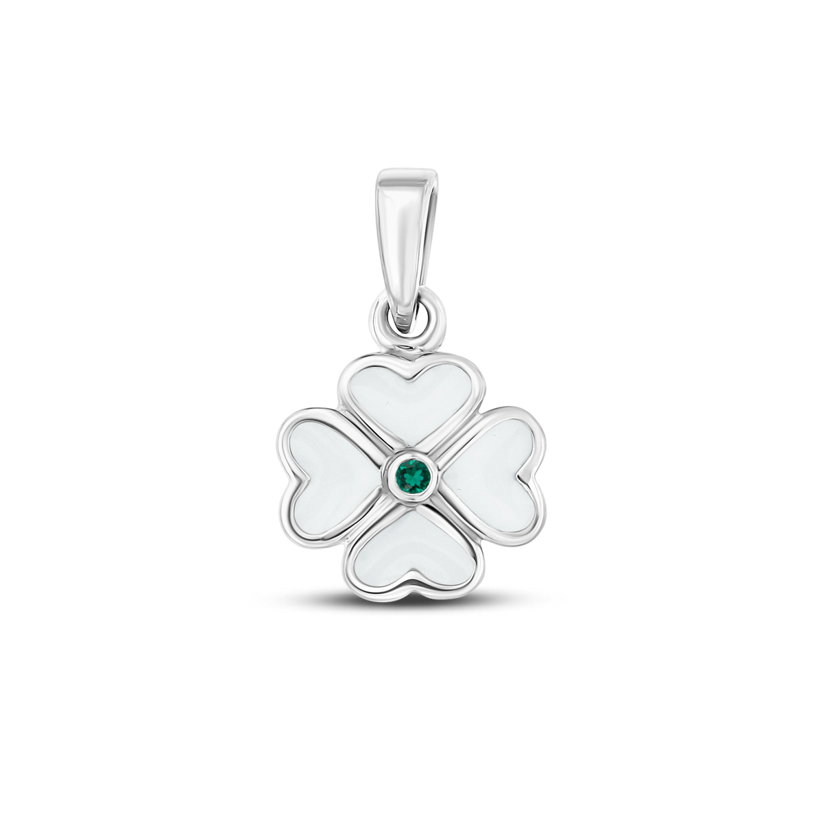 Lucy breast milk clover pendant of four hearts in silver with a emerald May birthstone in the center