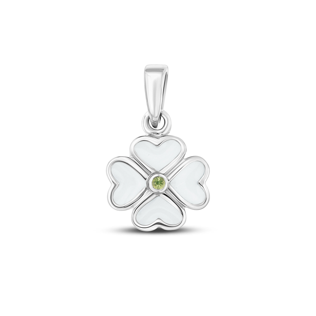 Lucy breast milk clover pendant of four hearts in silver with a peridot August birthstone in the center
