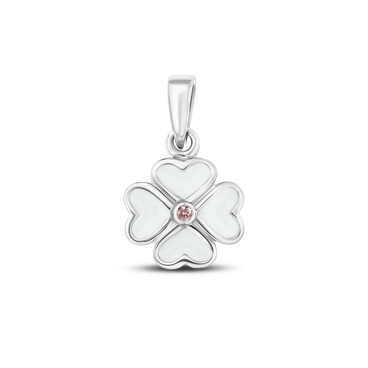 Lucy breast milk clover pendant of four hearts in silver with a morganite October birthstone in the center