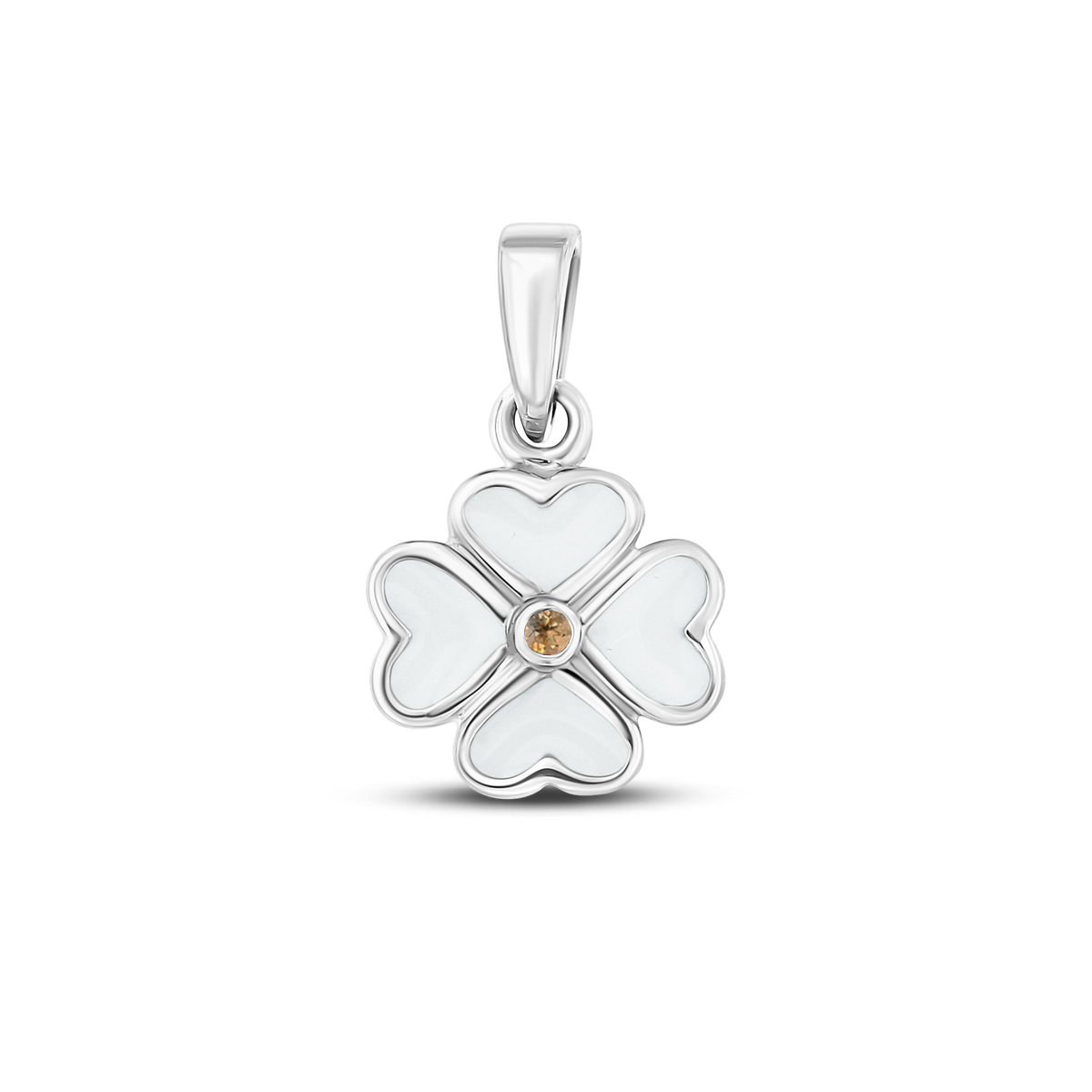Lucy breast milk clover pendant of four hearts in silver with a citrine November birthstone in the center