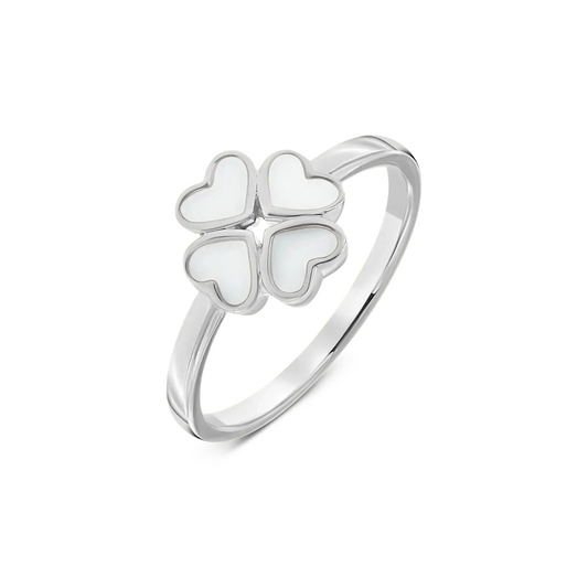 Lucy breast milk ring in silver with four heart-shaped stones forming a four-leaf clover