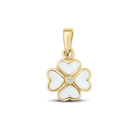 Lucy breast milk clover pendant of four hearts in yellow gold with a clear cubic zirconia in the center