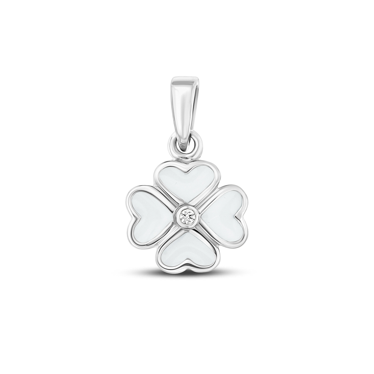 Lucy breast milk clover pendant of four hearts in white gold with a clear cubic zirconia in the center