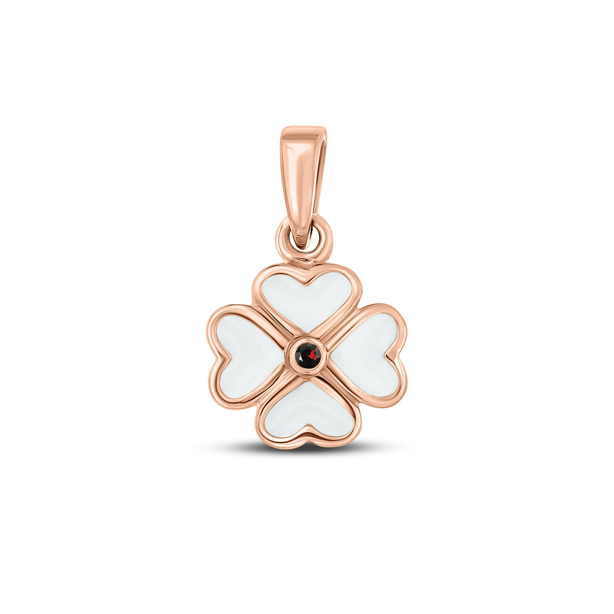 Lucy breast milk clover pendant of four hearts in rose gold with a garnet January birthstone in the center