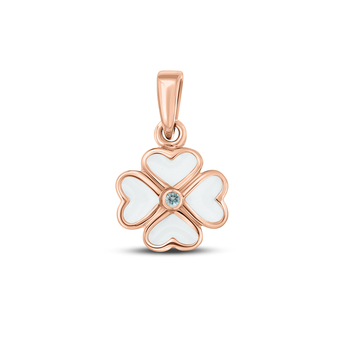 Lucy breast milk clover pendant of four hearts in rose gold with a aquamarine March birthstone in the center