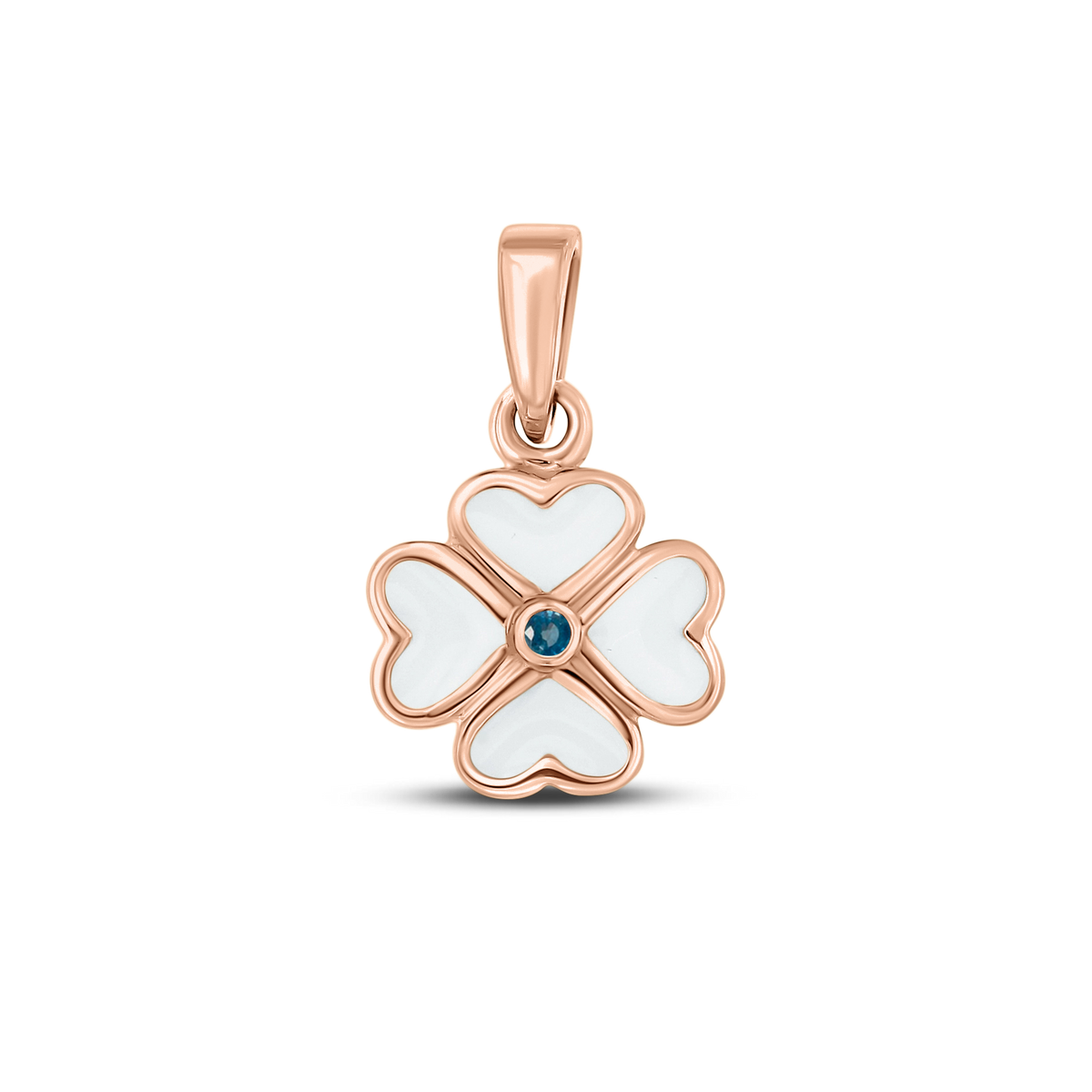 Lucy breast milk clover pendant of four hearts in rose gold with a sapphire September birthstone in the center