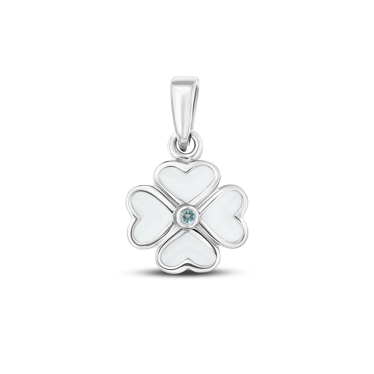 Lucy breast milk clover pendant of four hearts in white gold with a aquamarine March birthstone in the center