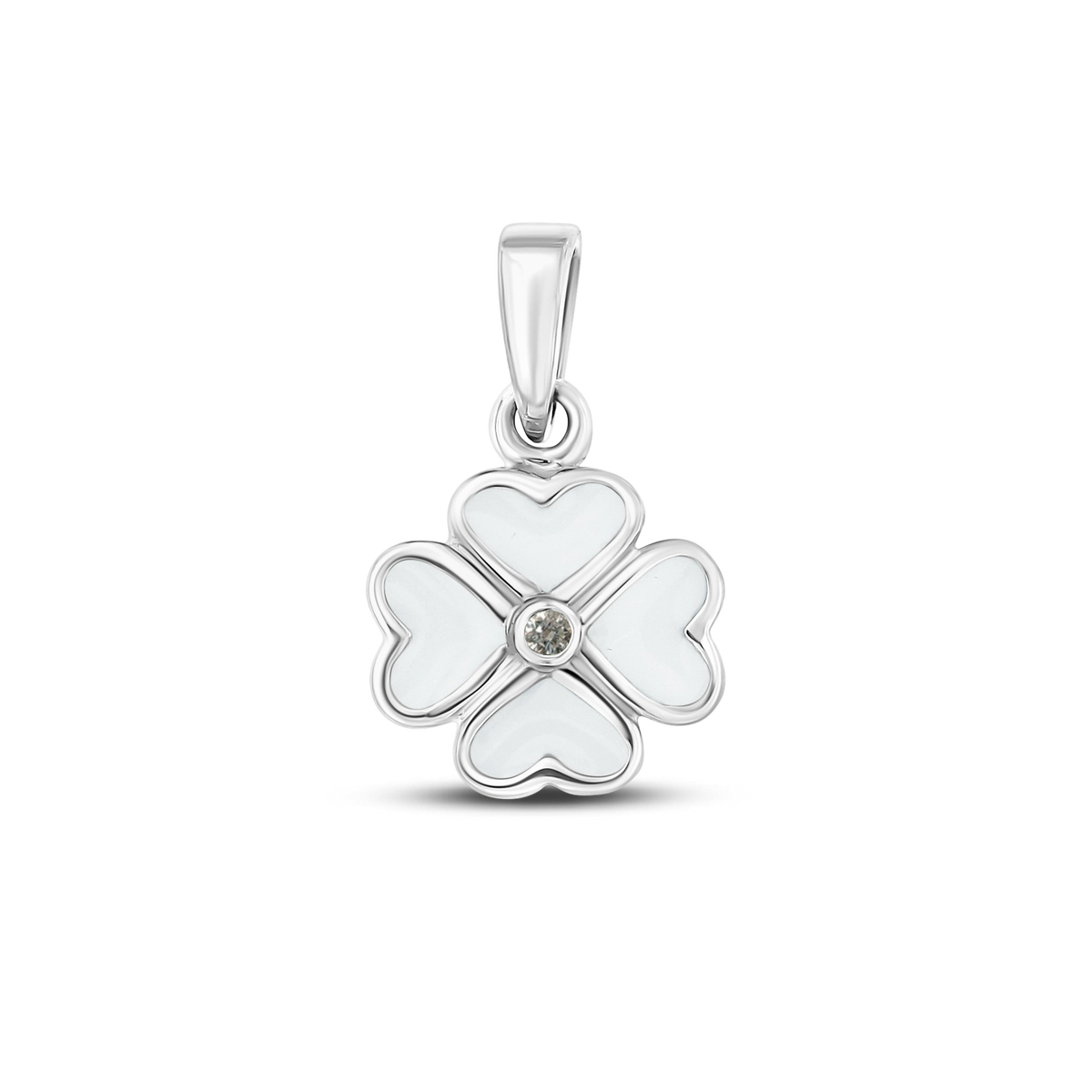Lucy breast milk clover pendant of four hearts in white gold with a lab-grown diamond April birthstone in the center