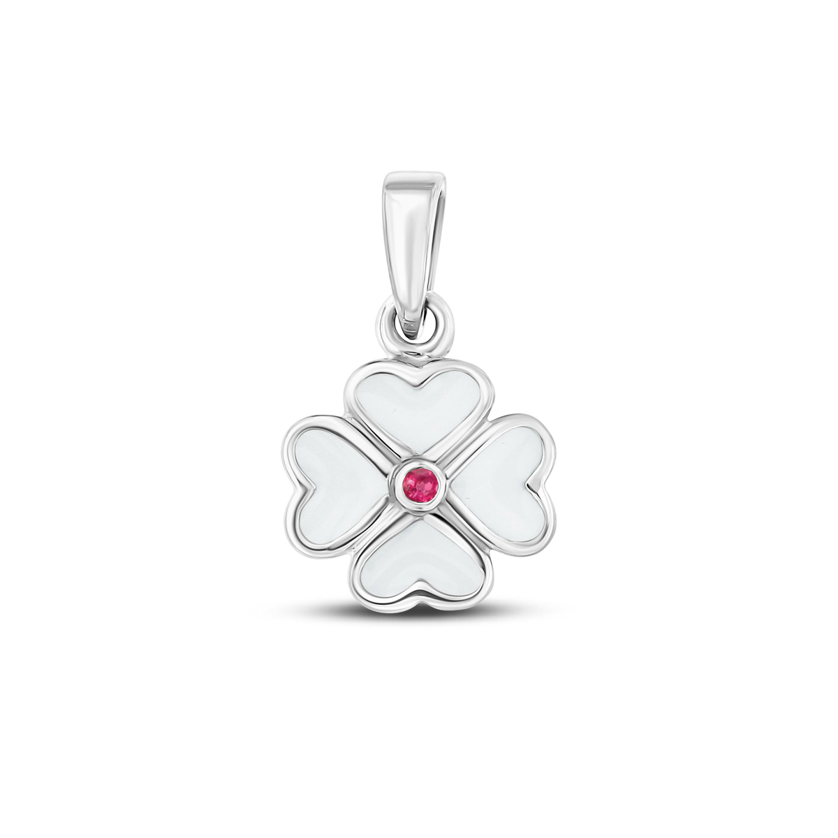 Lucy breast milk clover pendant of four hearts in white gold with a ruby July birthstone in the center