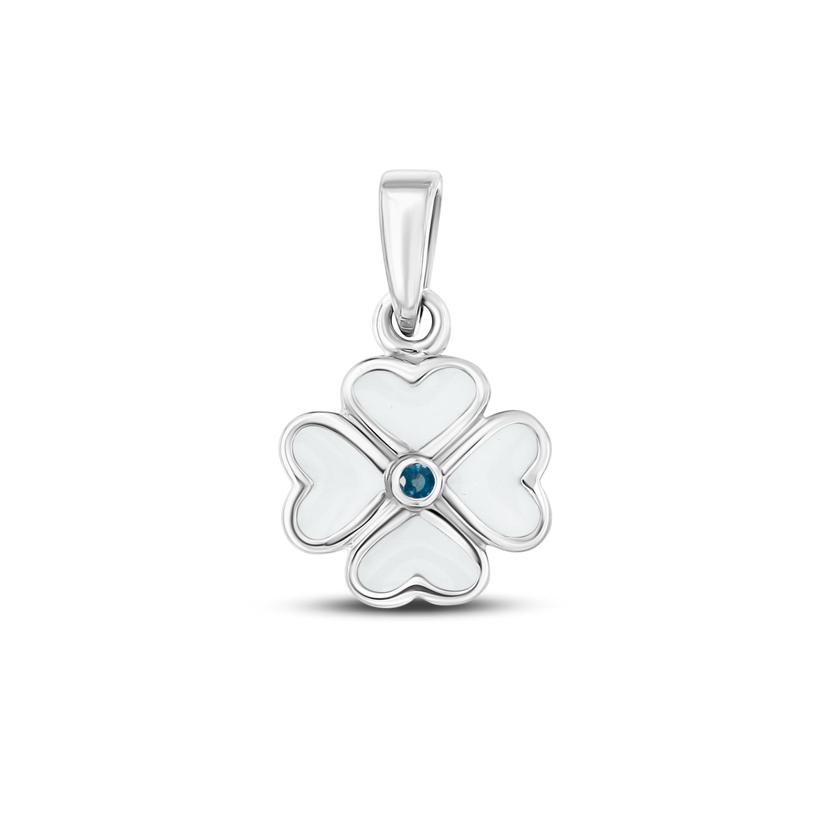 Lucy breast milk clover pendant of four hearts in white gold with a sapphire September birthstone in the center