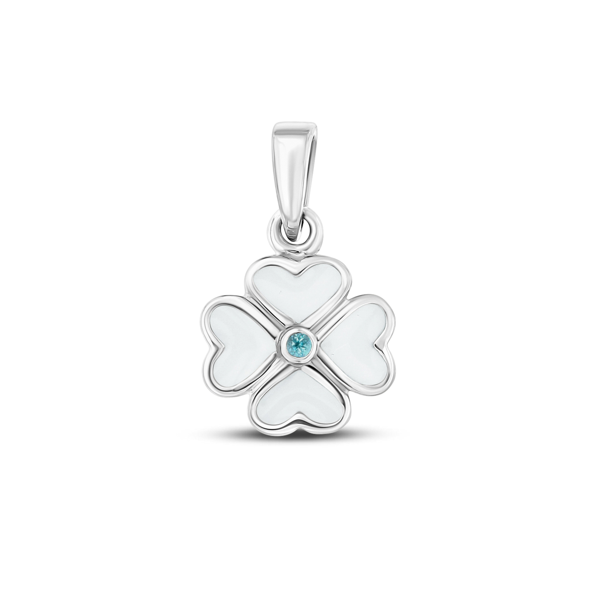 Lucy breast milk clover pendant of four hearts in white gold with a blue topaz December birthstone in the center