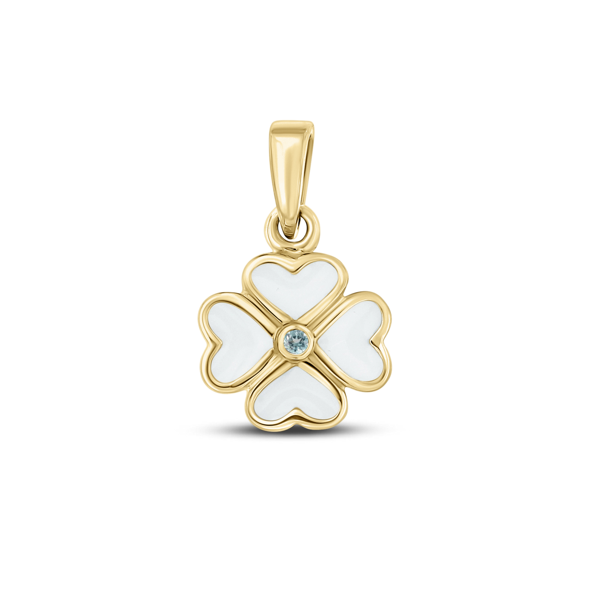 Lucy breast milk clover pendant of four hearts in yellow gold with a aquamarine March birthstone in the center