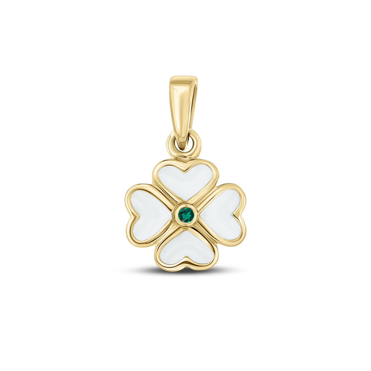 Lucy breast milk clover pendant of four hearts in yellow gold with a emerald May birthstone in the center