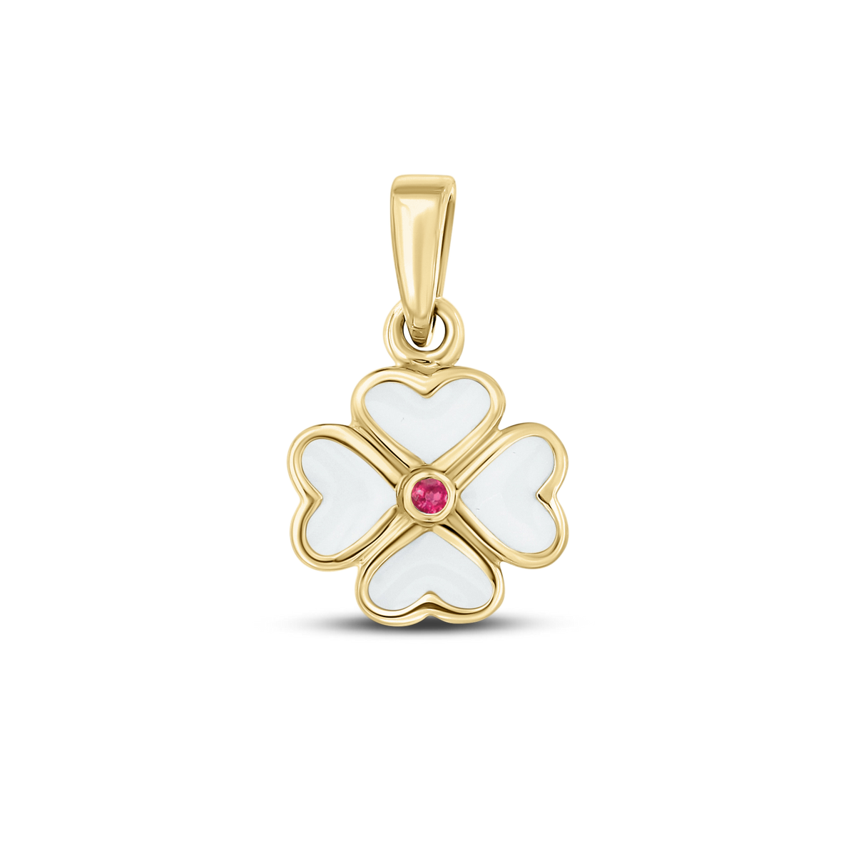 Lucy breast milk clover pendant of four hearts in yellow gold with a ruby July birthstone in the center