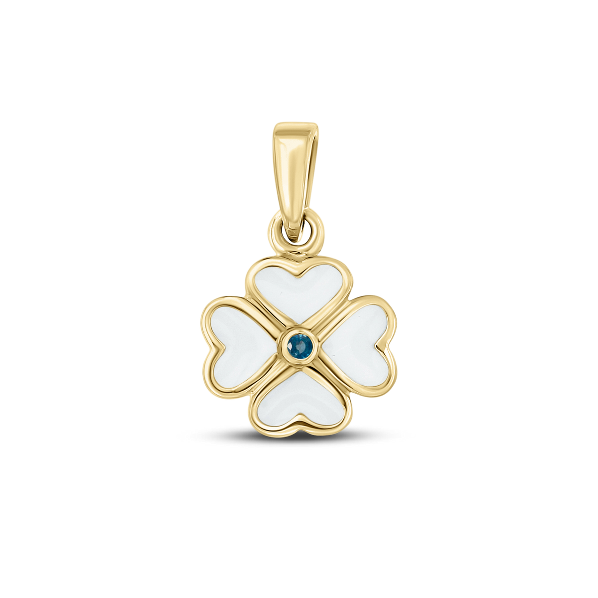 Lucy breast milk clover pendant of four hearts in yellow gold with a sapphire September birthstone in the center